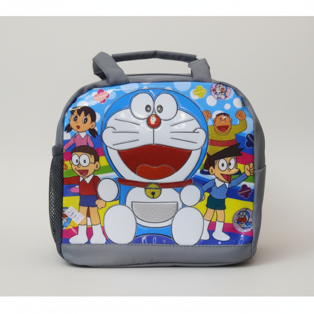 A colorful lunch bag featuring a Doremon character and various animated characters, with a separate pocket for a water bottle.