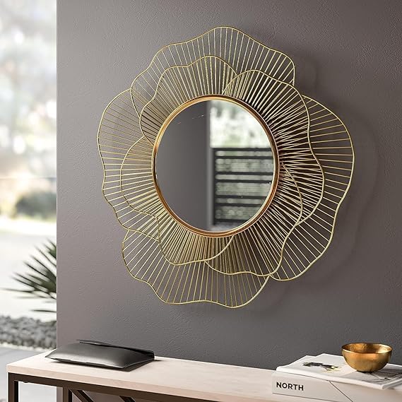 Metal Decorative Mirror Wall Mounted Hanging Mirror Sculpture Metal Golden Rose Design Modern Art