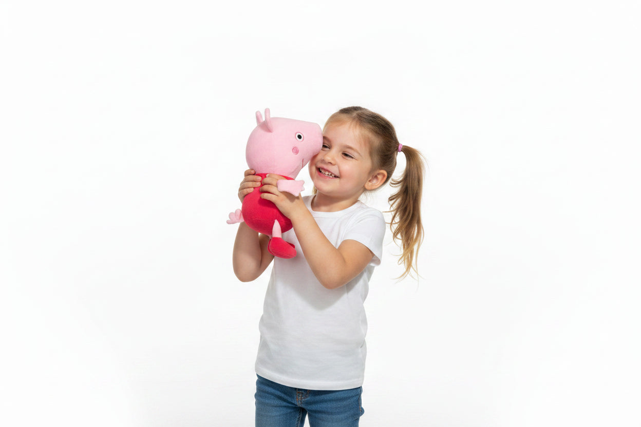 A plush toy depicting the character Peppa Pig, with a pink body and a red shirt.