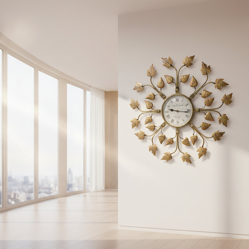A metal wall decor featuring a clock with leaf patterns in gold color.