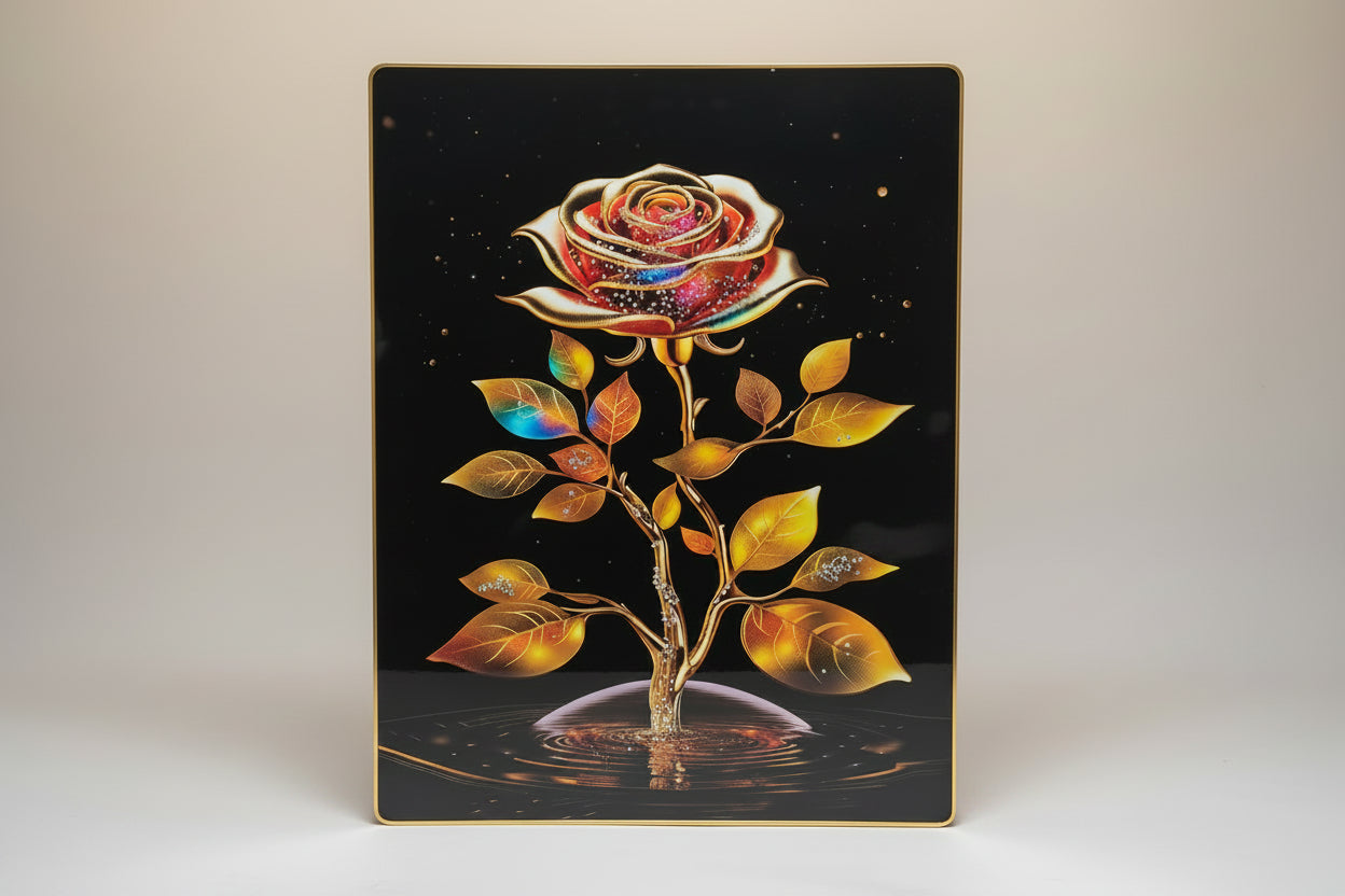 A framed wall décor featuring a colorful rose with leaf-like details on a dark background, with a wooden frame.