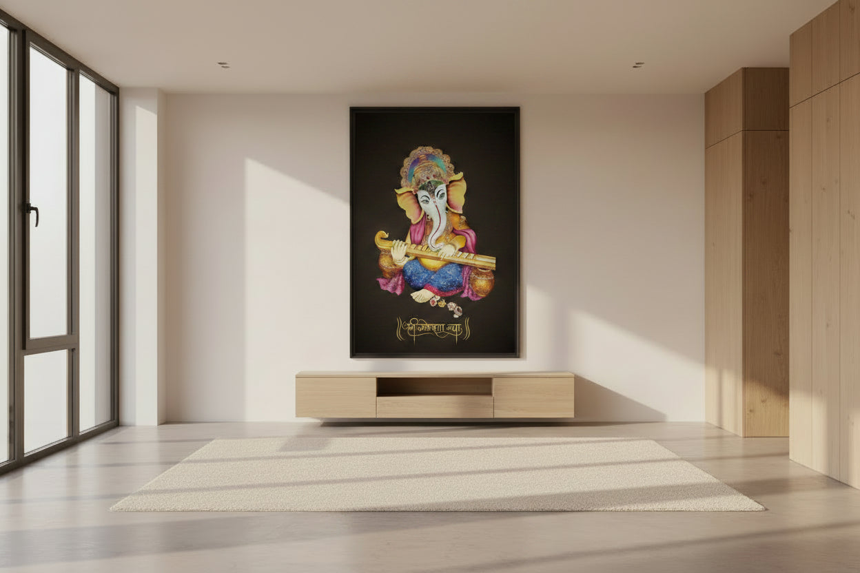 A wall décor featuring an artistic depiction of the Hindu god Ganesha with a colorful backdrop, holding a musical instrument known as a veena.