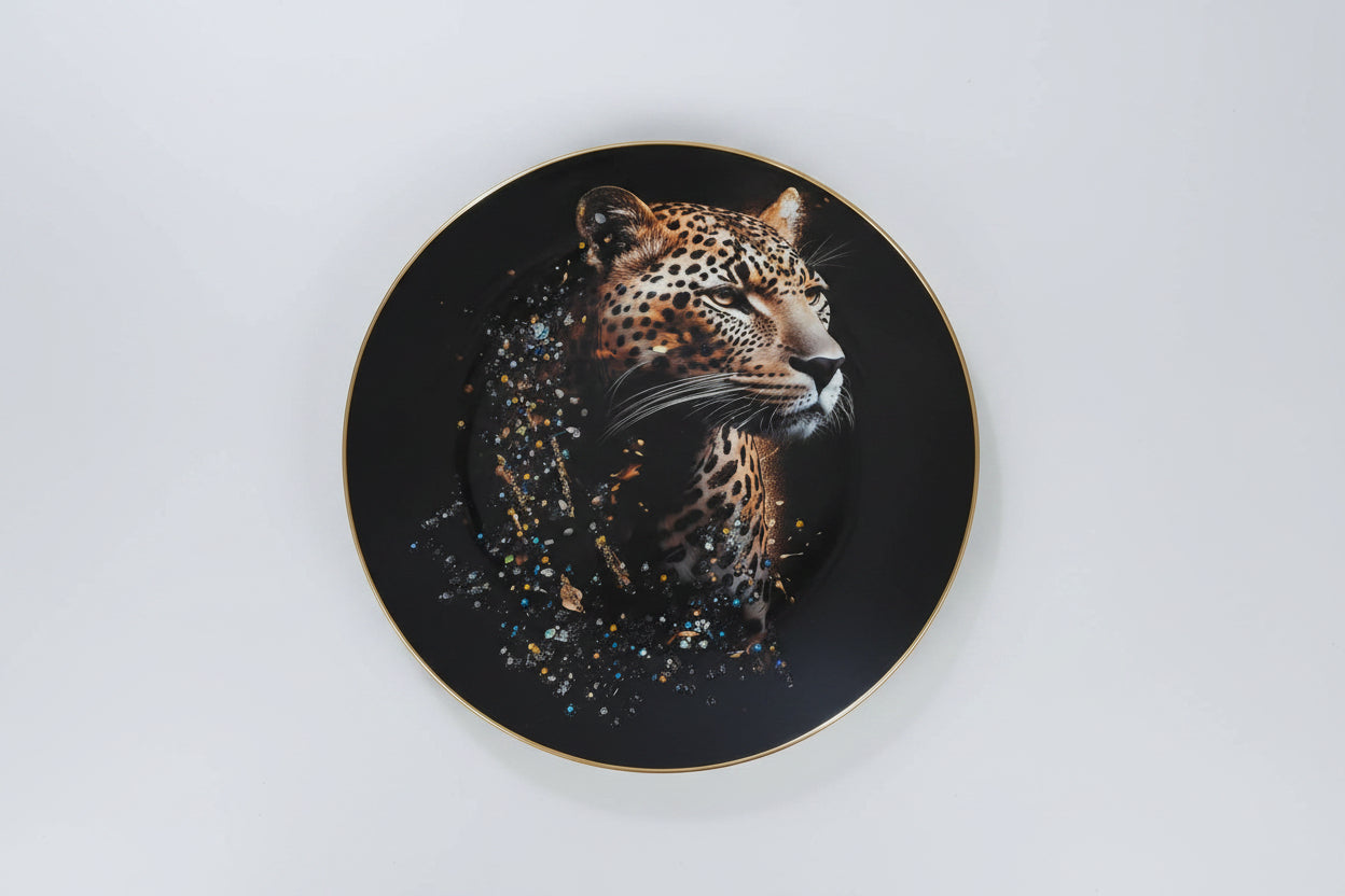 A decorative plate featuring a glossy finish with a black background and a detailed image of a tiger with a starry night effect.