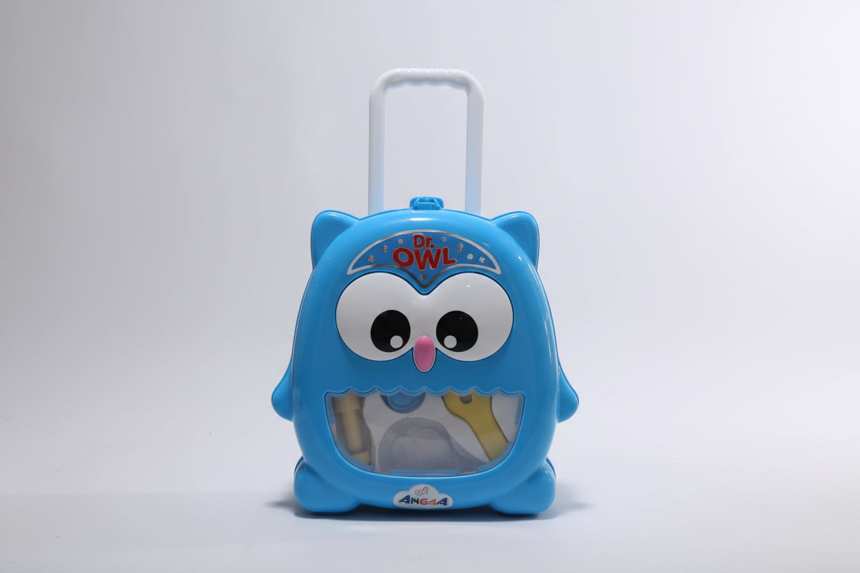 Blue owl-shaped suitcase with a pull handle on a white background