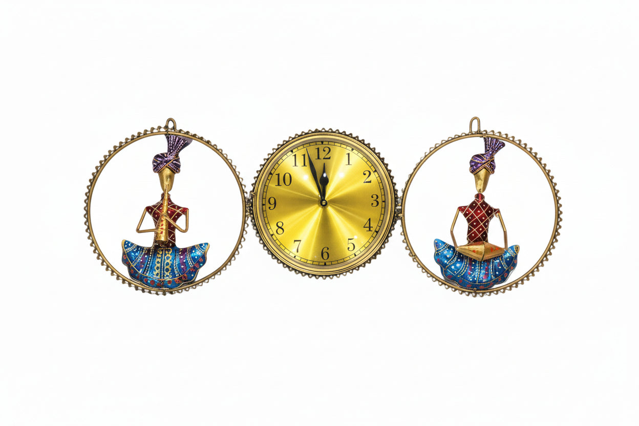 Handcrafted Brass Finish Metal Wall Clock with Rajasthani Musician Motifs