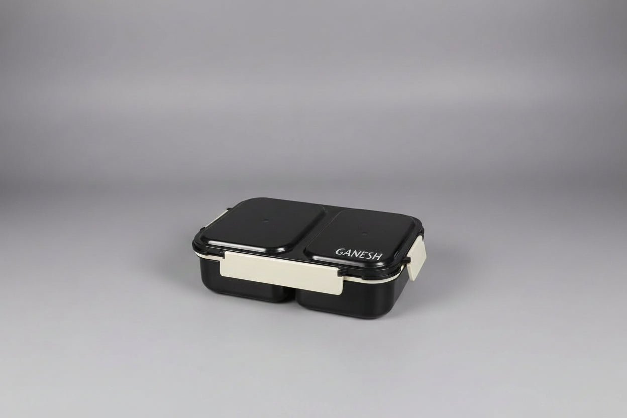 Black and beige mesh lunch box on a gray background