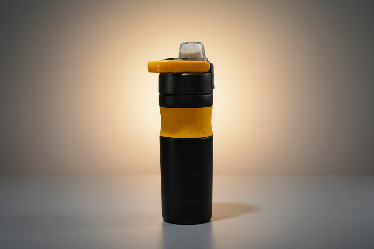 Black and yellow water bottle on a white background