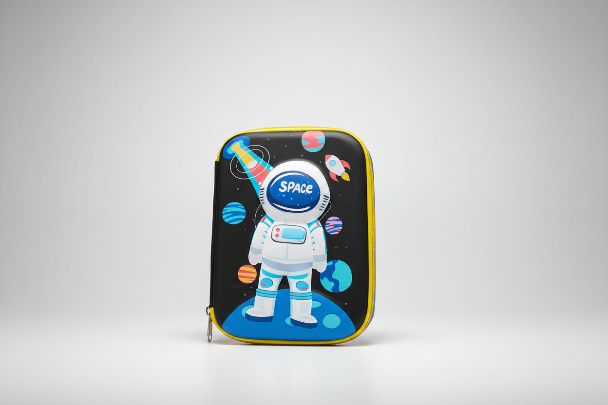 A pencil pouch featuring an astronaut design with a space theme, including planets and the astronaut in a white suit.