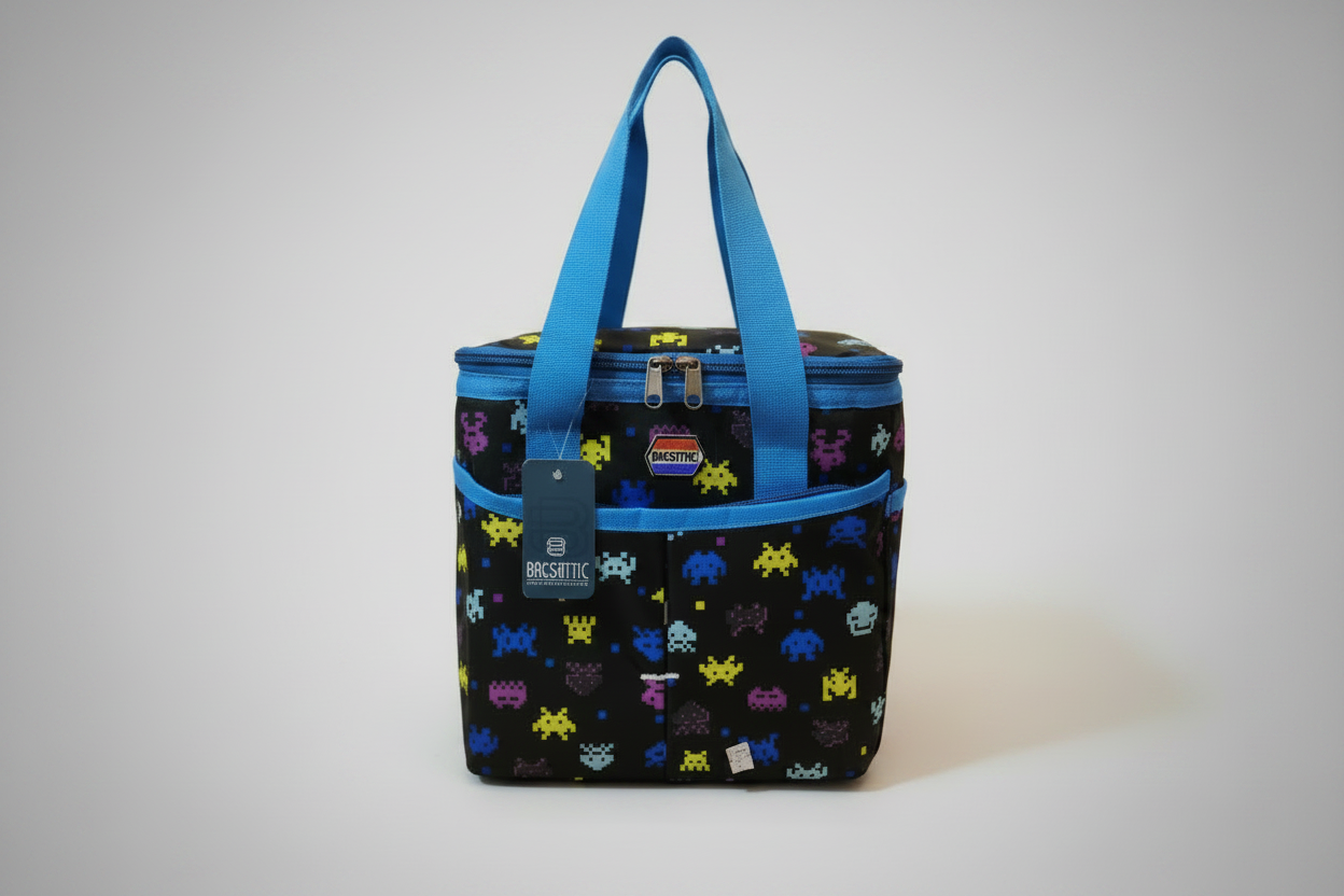 A medium-sized lunch bag with a black base and blue zipper, decorated with colorful pixel-like characters and the brand 'Brixtik' visible on the tag.