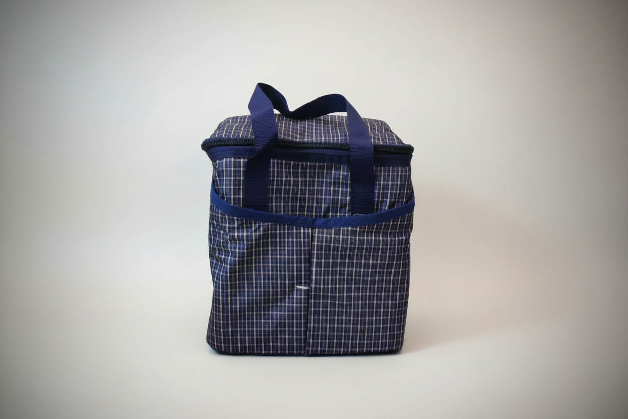 A blue and white checkered lunch bag with a visible brand logo on the side.