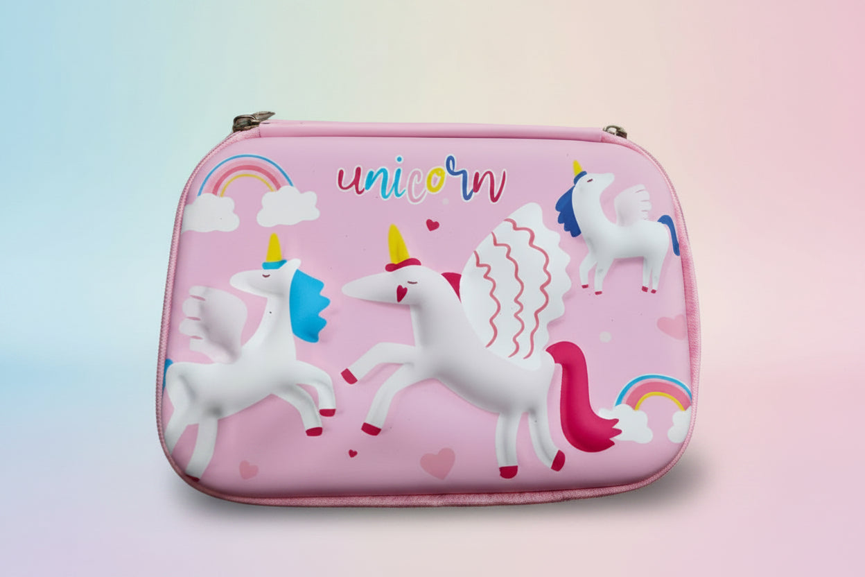 A pink pencil pouch with a 3D design featuring white unicorns, hearts, and the text 'unicor'.