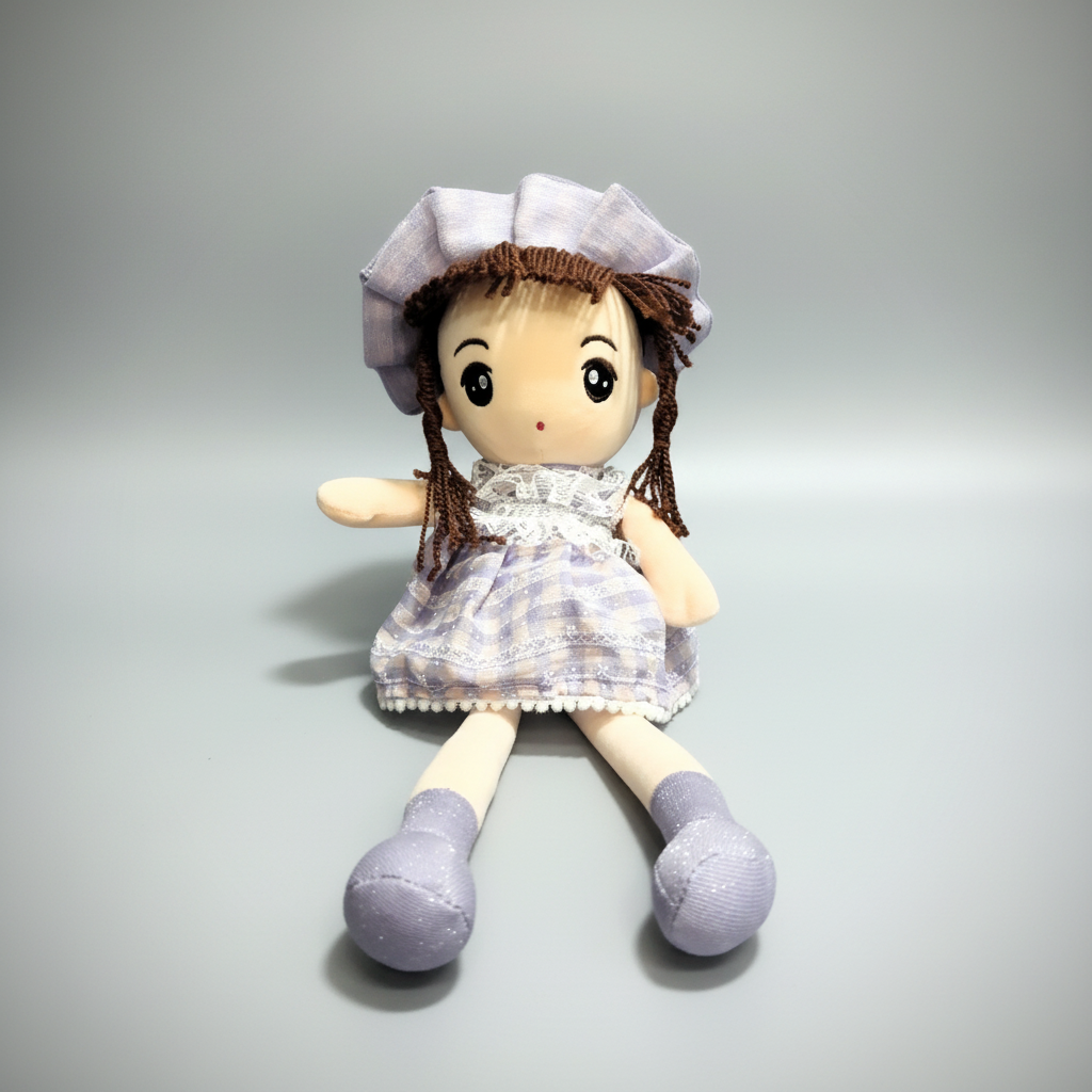 A plush doll with a soft body, wearing a frock and a hat. The doll has a pale complexion, dark hair, and is seated with its hands downcast.