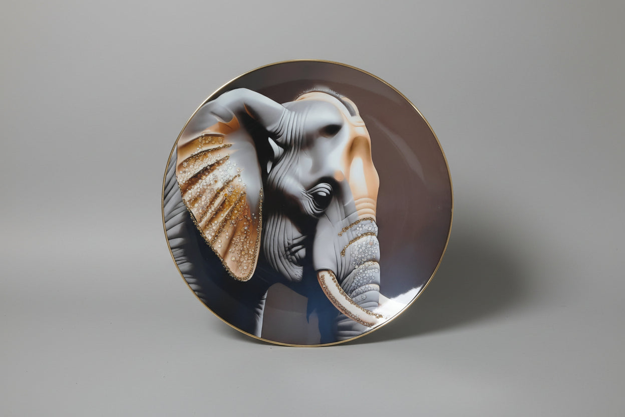 A decorative plate featuring a close-up image of an elephant with a glossy finish.