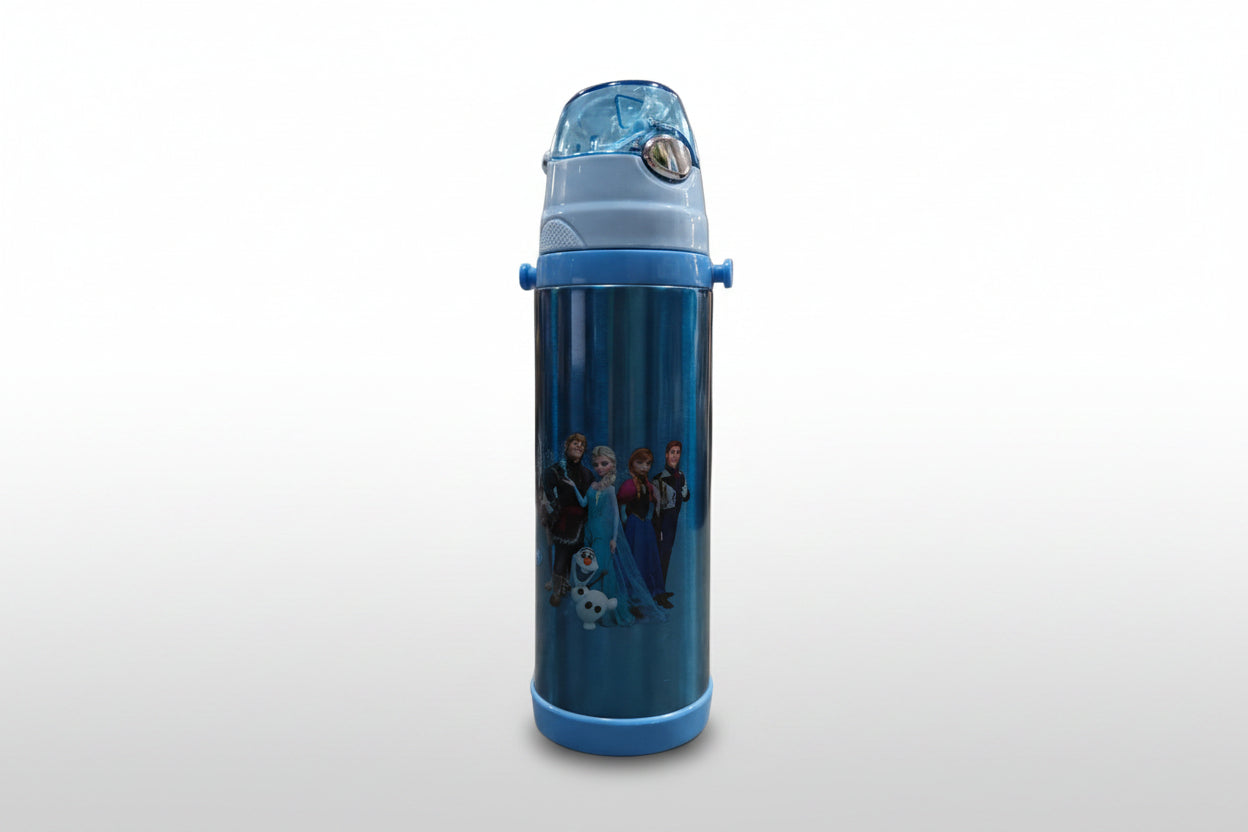 Blue water bottle with character design on a white background