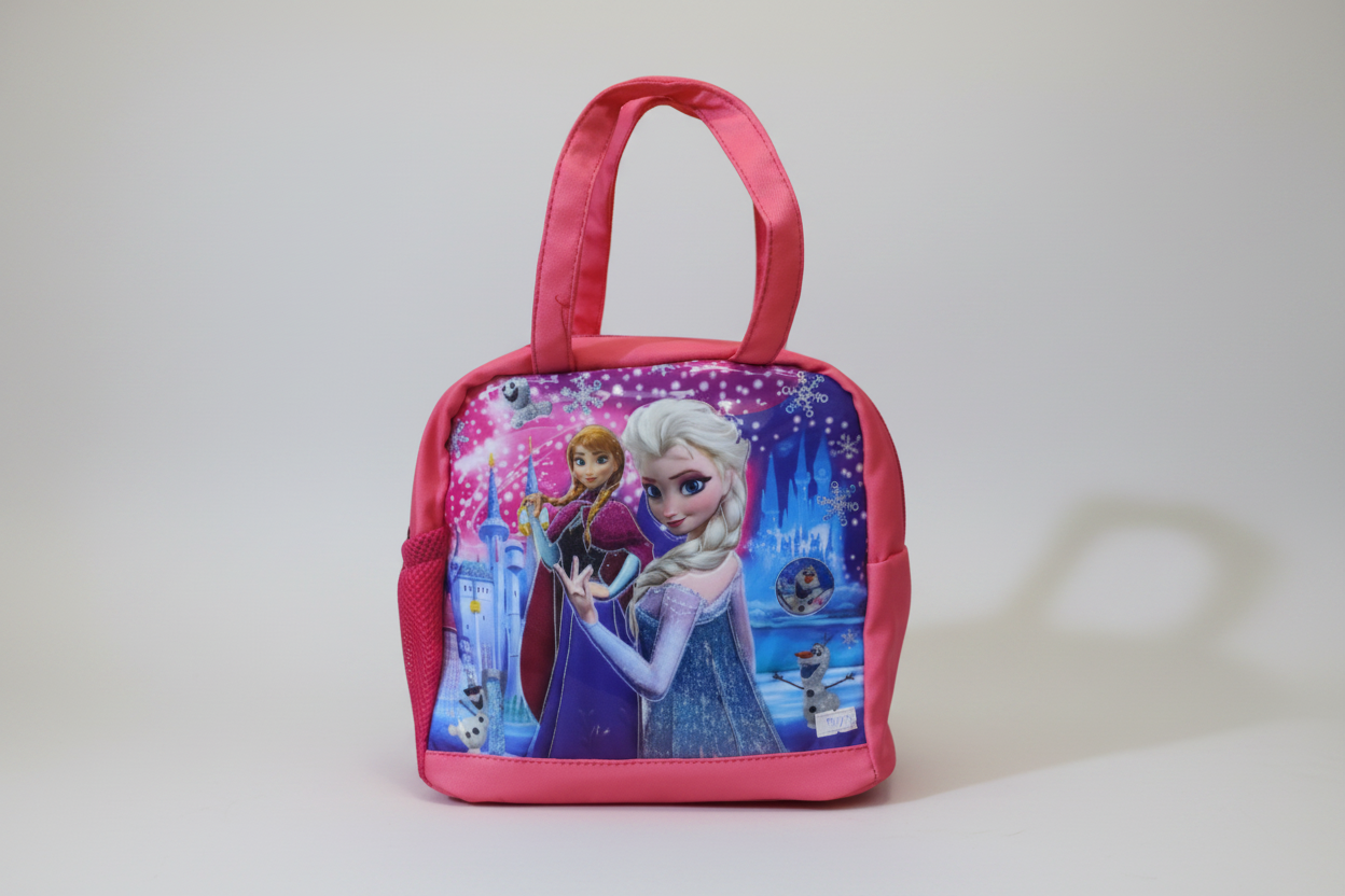 A pink kids lunch bag featuring characters from the Frozen movie.