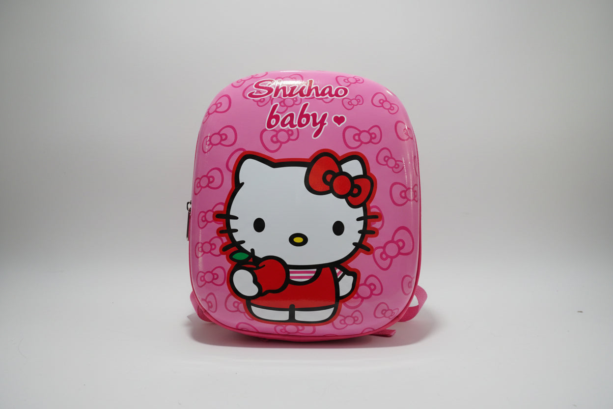 A pink Hello Kitty hard shell bag pack for toddlers with a bow and the brand 'Shuhao baby' printed on it.