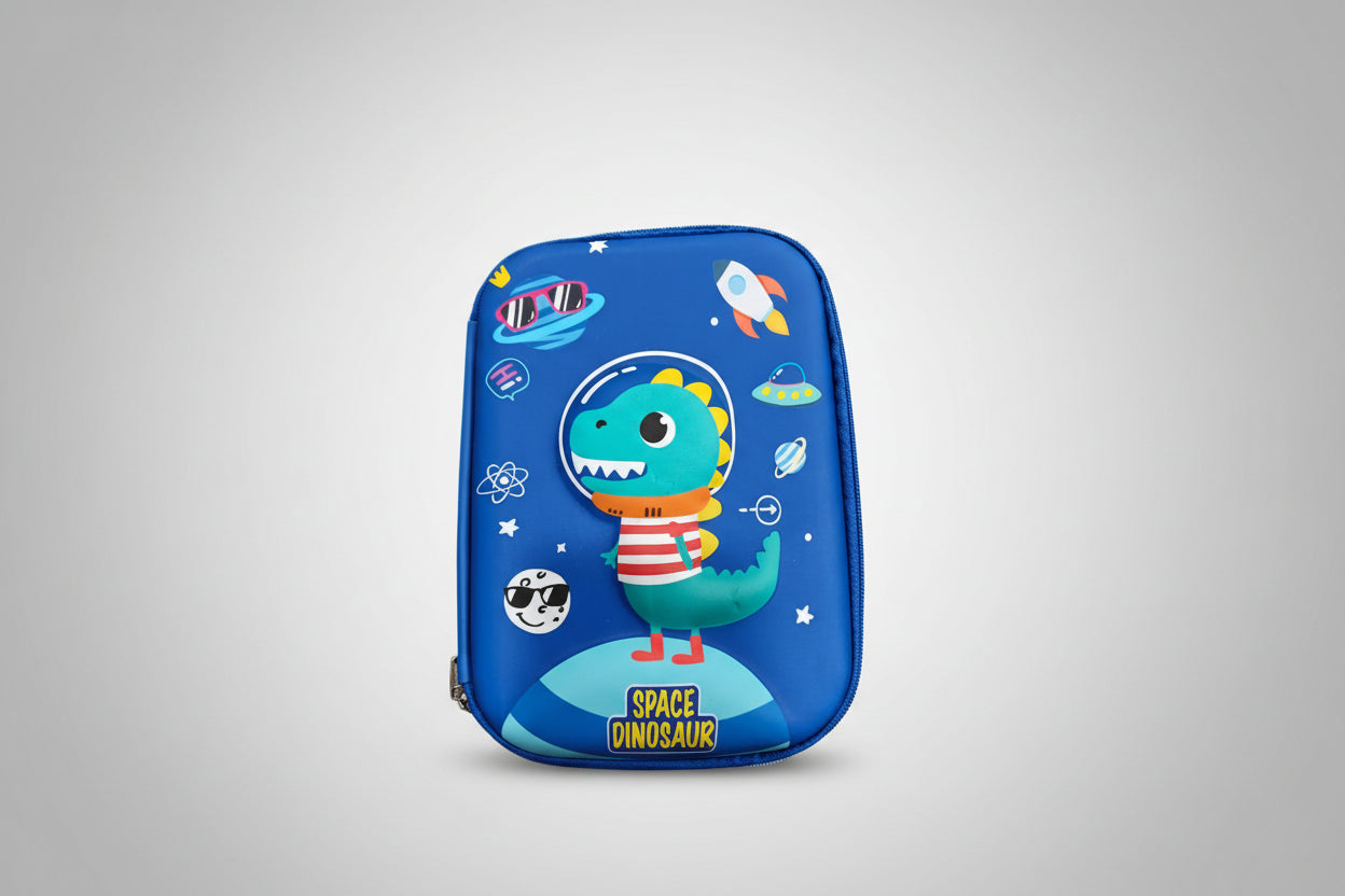 A blue pencil pouch with a 3D dinosaur design, featuring a cartoon dinosaur in a space setting with planets and a space station.