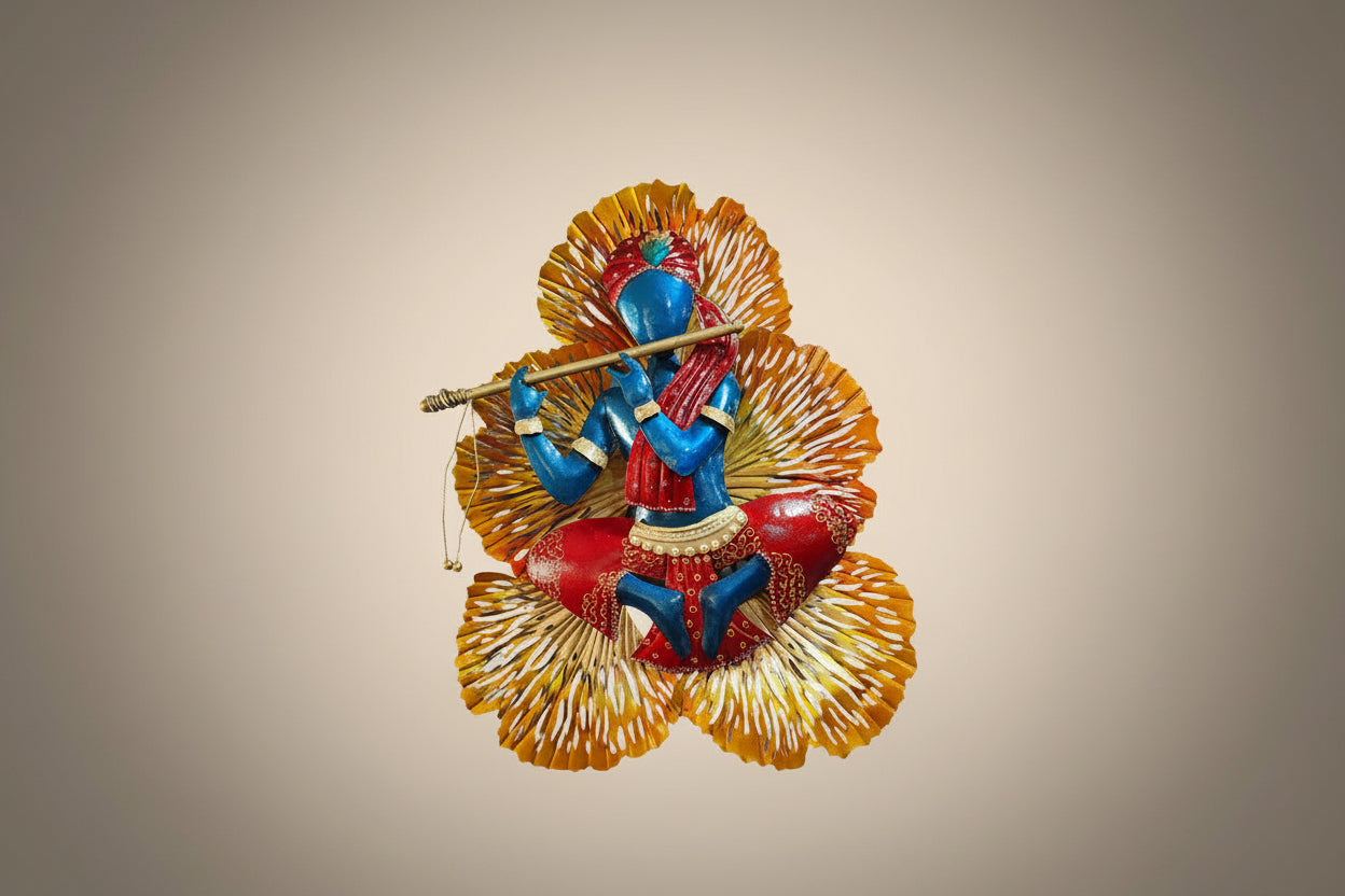Metal wall decor featuring an LED light and a figure of Lord Krishna playing a flute, with a predominantly blue and red color scheme.