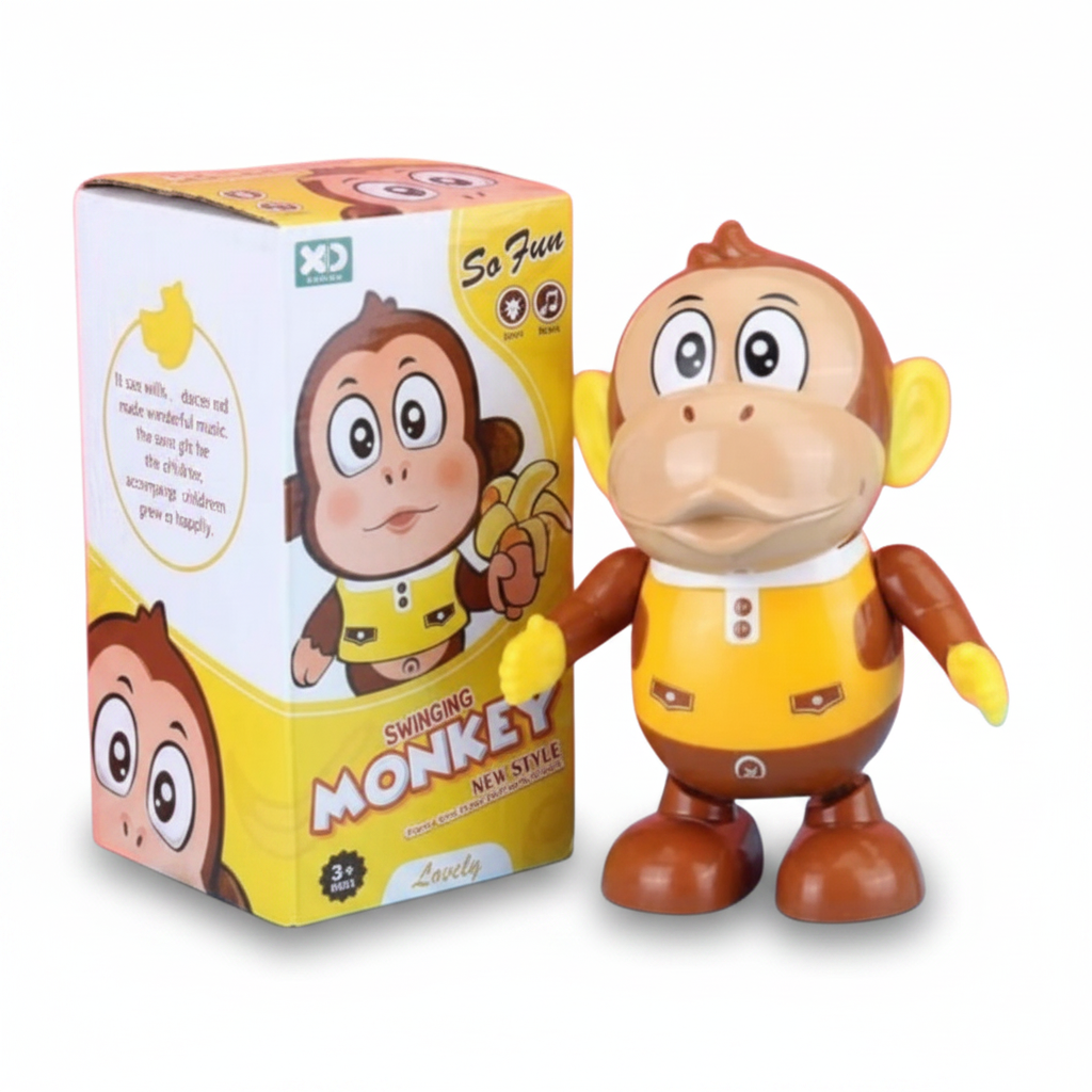 A Dancing Monkey Toy in a yellow and brown outfit with a box packaging in the background.