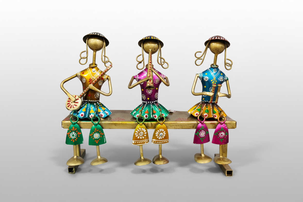 A set of three metal figurines depicting sitting musicians in traditional Indian attire playing musical instruments.