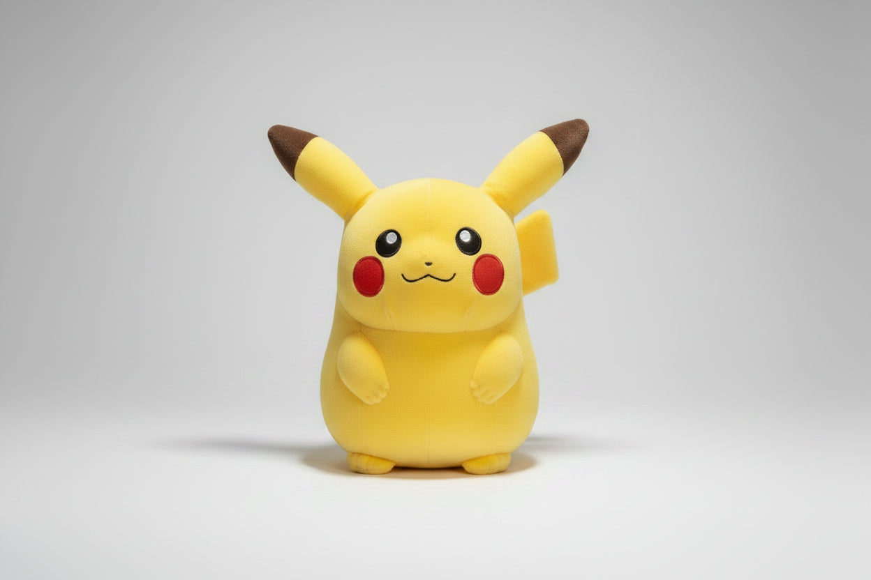 A plush toy depicting the Pikachu character from the Pokemon series, featuring a yellow body, red cheeks, and a lightning bolt pattern on its tail.