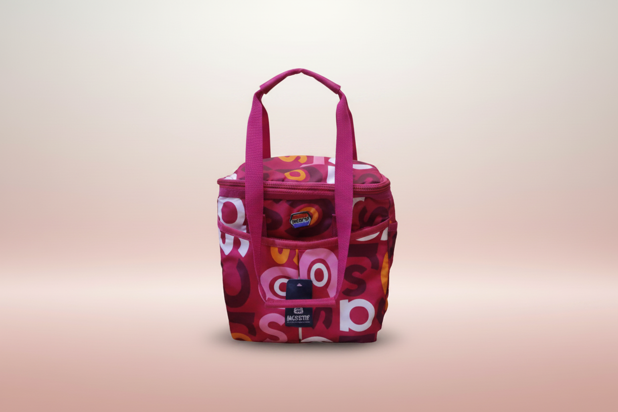A medium-sized pink lunch bag with a geometric pattern, featuring a zipper and a detachable handle.