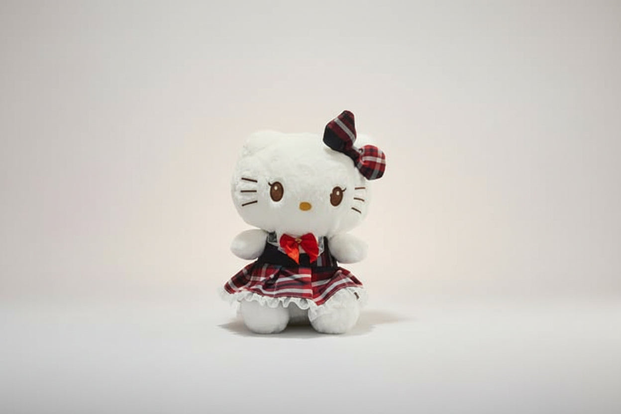 Plush toy resembling a character with a checkered hat and dress on a white background