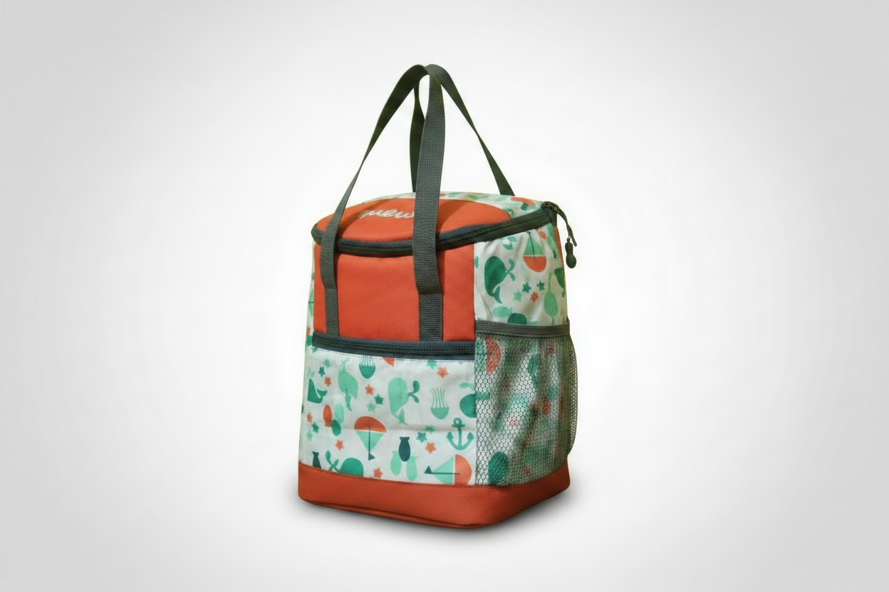A colorful lunch bag with a shoulder strap, featuring a pattern with lunch-related icons like bottles, fruits, and an anchor.