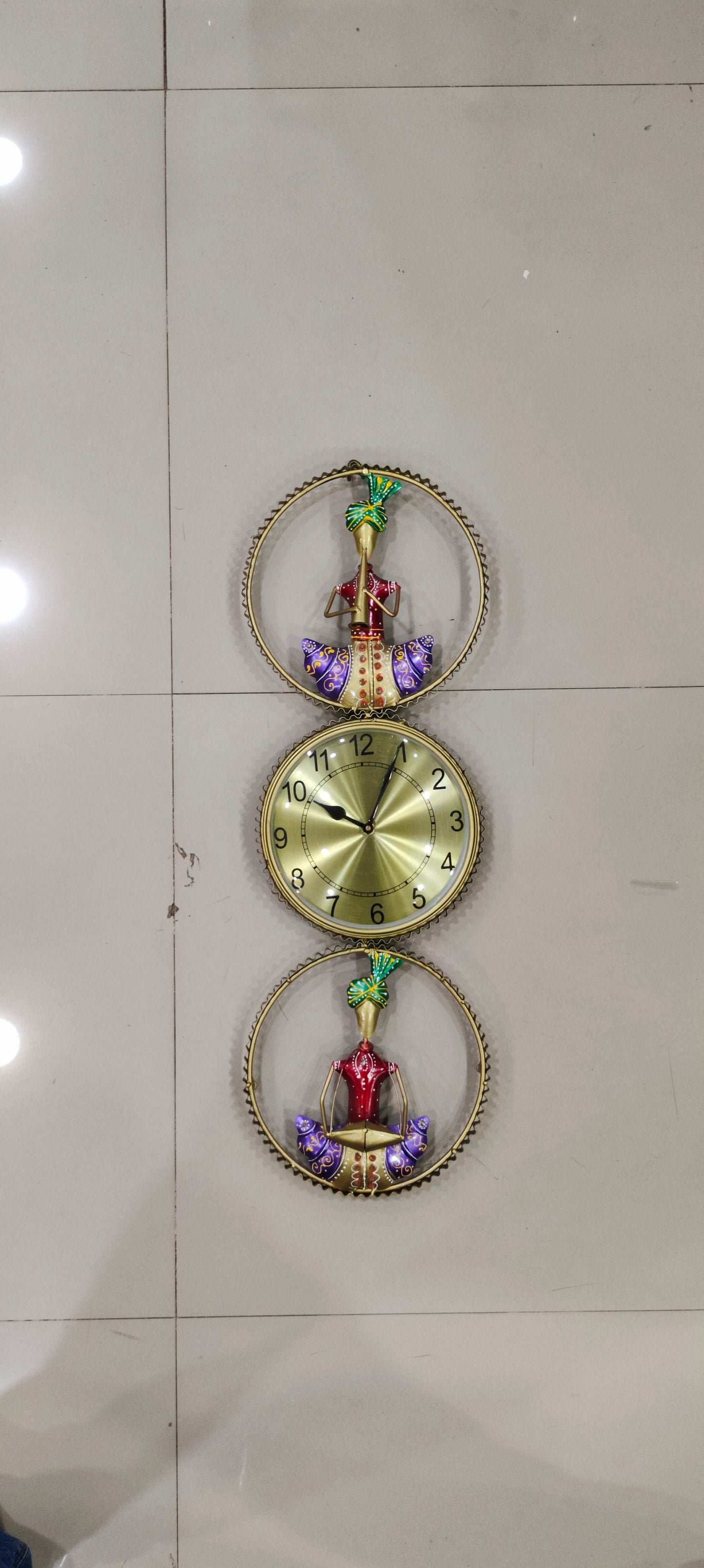 Handcrafted Brass Finish Metal Wall Clock with Rajasthani Musician Motifs
