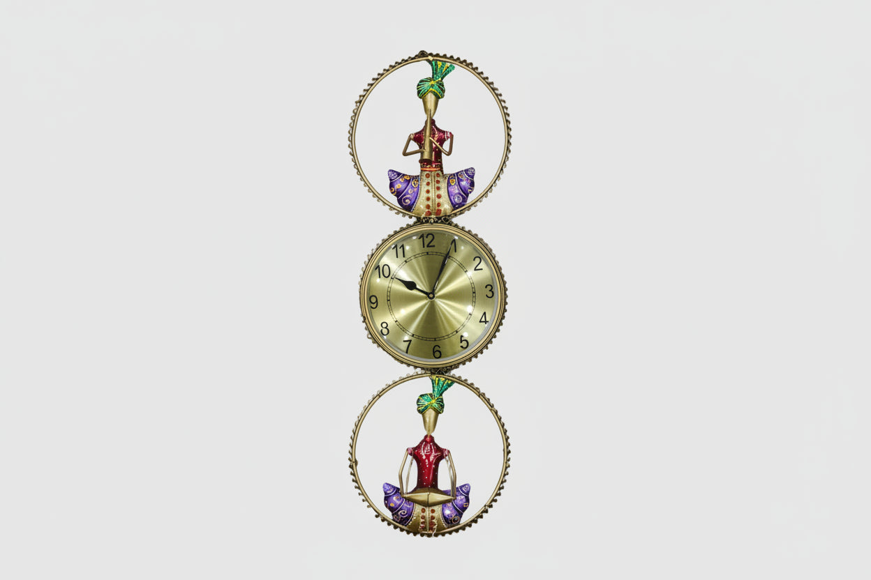 Handcrafted Brass Finish Metal Wall Clock with Rajasthani Musician Motifs