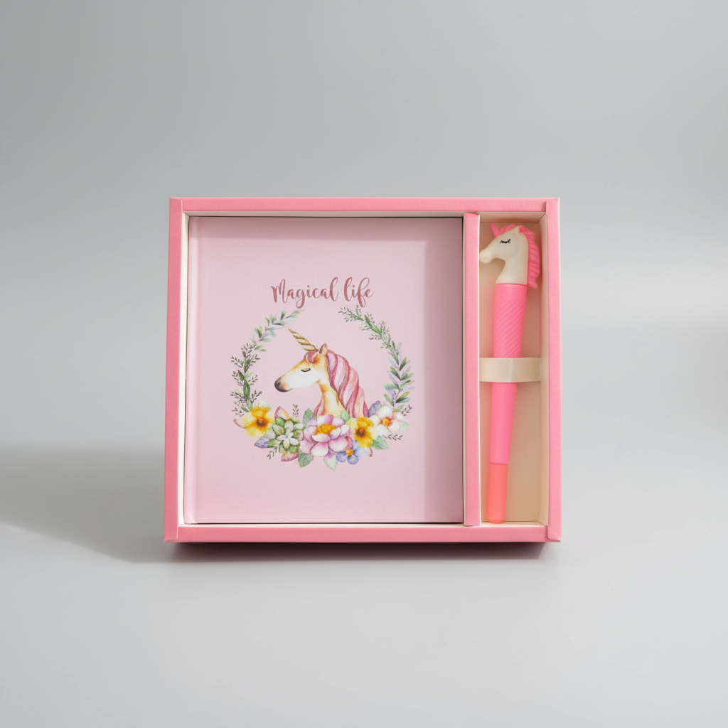 A pink diary set with a unicorn character pen, featuring a clear window on the cover showing a colorful unicorn and floral illustration.