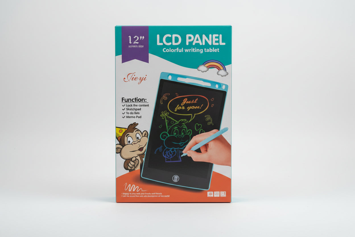 Packaging of an LCD colorful writing tablet for kids, showing the product and a stylus pen, with graphical illustrations of a monkey and a rabbit on the upper part of the box.