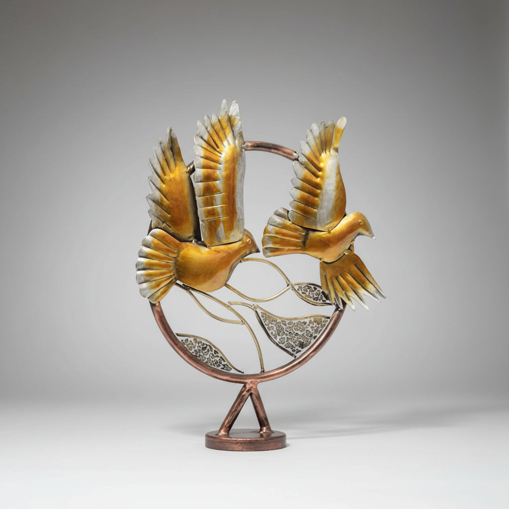 Metallic sculpture of two birds in flight on a gray background