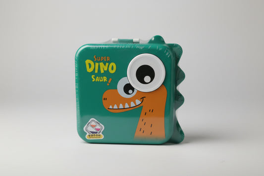 A green bento lunch box with a cartoon dinosaur design on the lid.