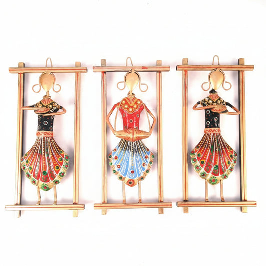 A set of three decorative wall hangings featuring handcrafted Panjabi doll musicians in traditional attire, playing musical instruments, displayed against a white background.
