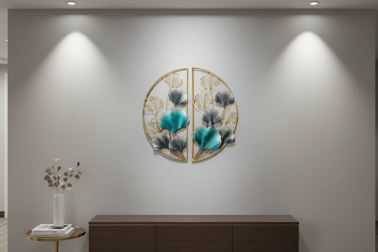 A 3D metal wall art decoration featuring a circular design with tree leaf motifs in shades of green, gold, and black.