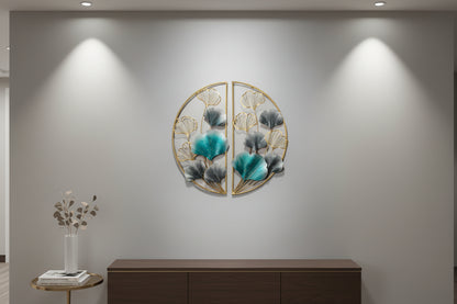 A 3D metal wall art decoration featuring a circular design with tree leaf motifs in shades of green, gold, and black.
