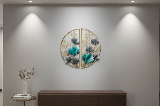 A 3D metal wall art decoration featuring a circular design with tree leaf motifs in shades of green, gold, and black.