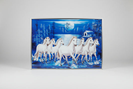 A wall decor featuring a group of white horses running in a cold environment with snow and a moonlit sky in the background.