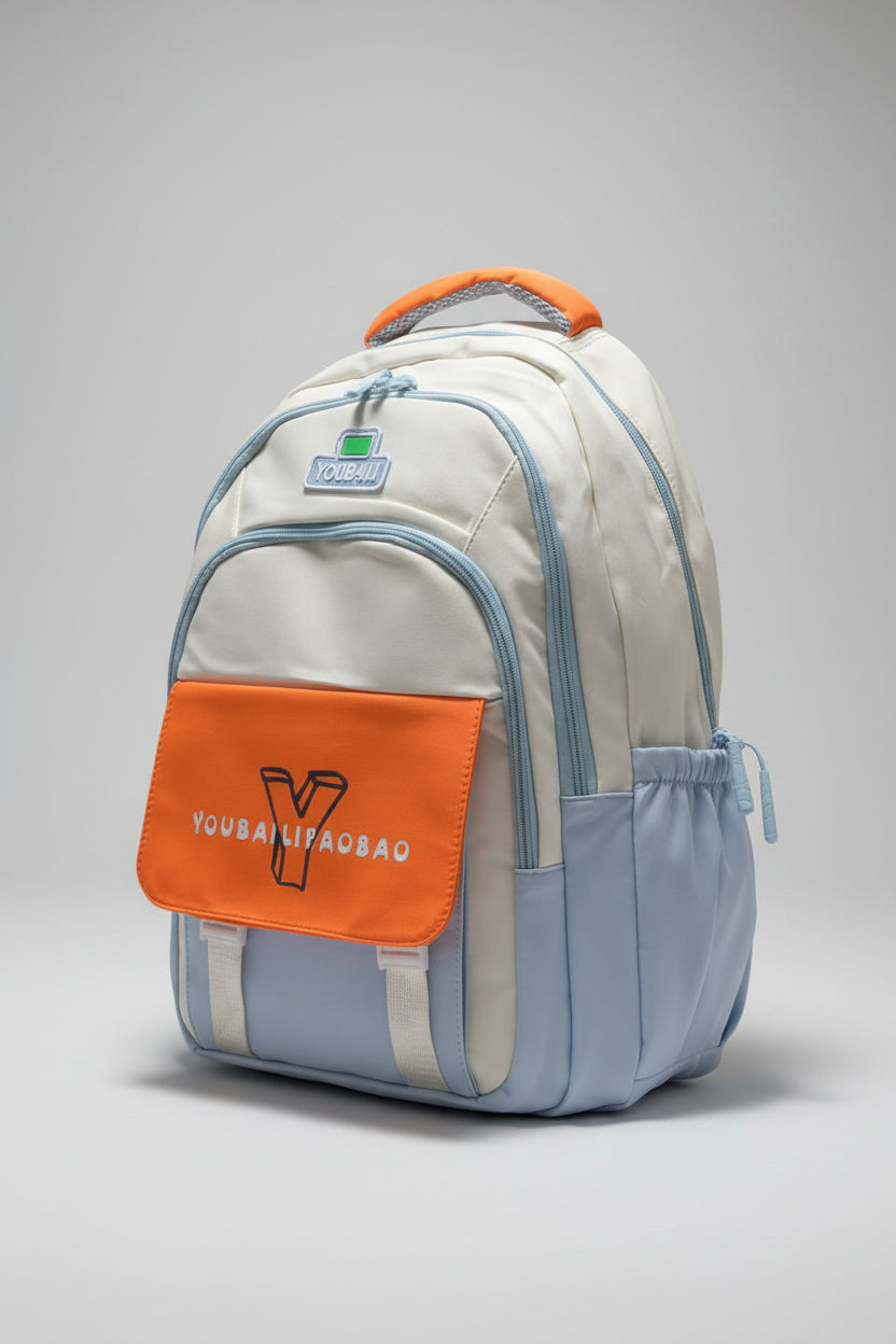 Backpack with orange accents on a gray surface