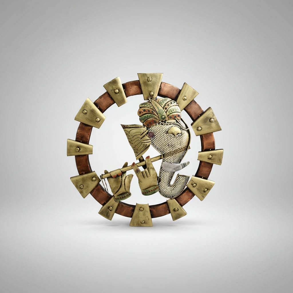 A wall decor showpiece featuring Lord Ganesha in a peaceful pose, playing the flute, made from high-quality wrought iron with intricate details.