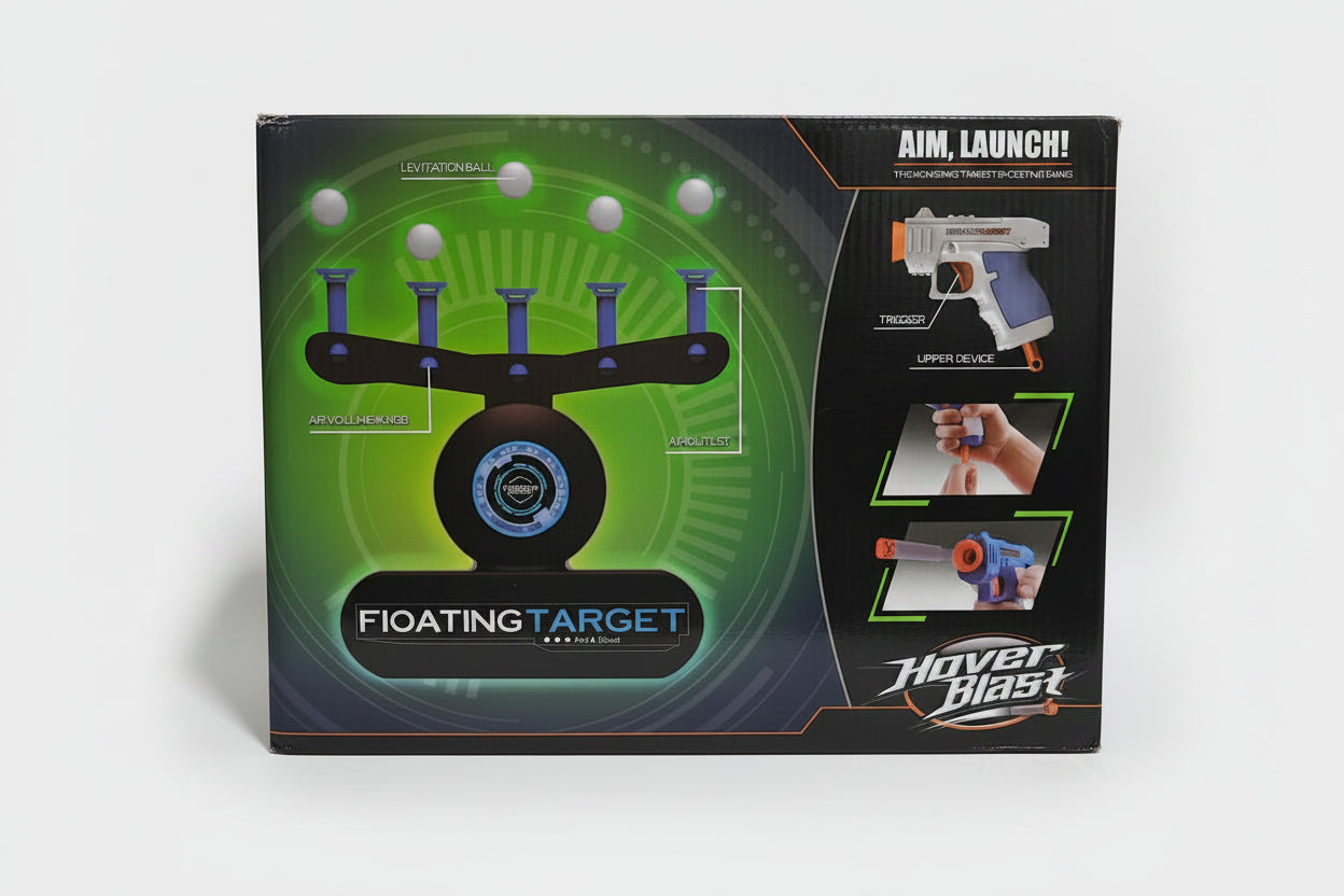 Packaging for the Floating Target toy featuring the product with green and black colors and a picture of the toy in use.