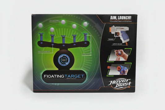 Packaging for the Floating Target toy featuring the product with green and black colors and a picture of the toy in use.