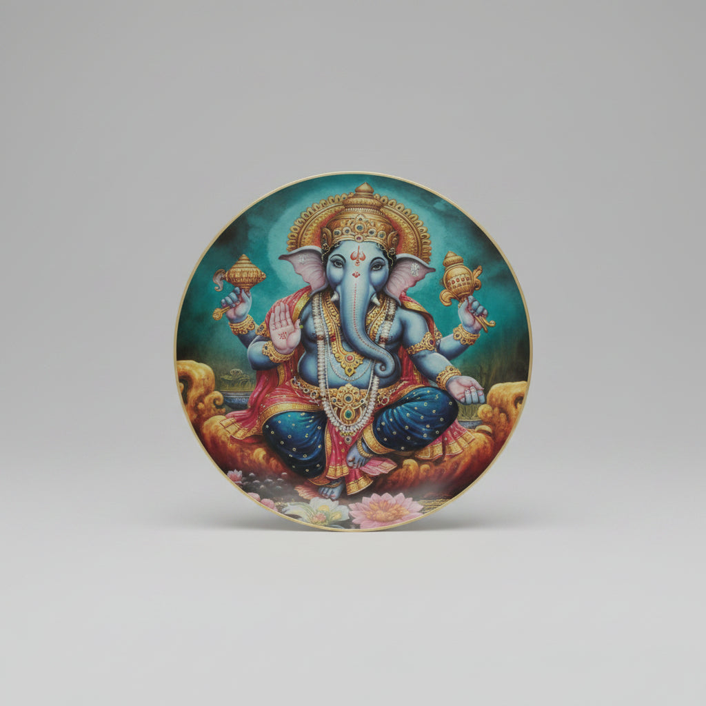 A glossy resin decorative wall decor featuring an image of Ganpati, with colorful attire and multiple arms, against a multicolored background.