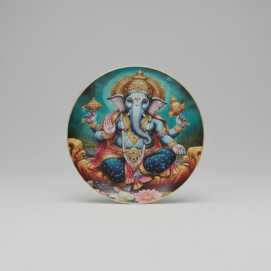 A glossy resin decorative wall decor featuring an image of Ganpati, with colorful attire and multiple arms, against a multicolored background.