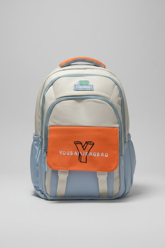 Gray and orange backpack 