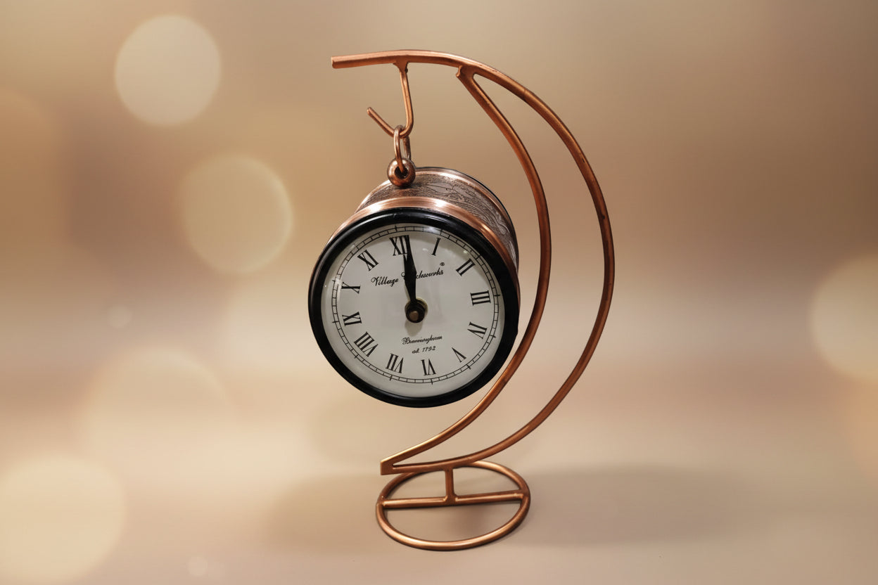 Decorative clock with a curved metal design
