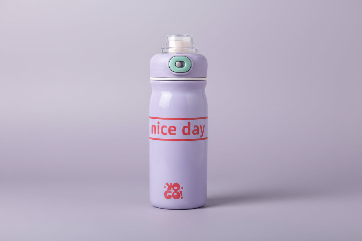 Purple water bottle with 'Have a nice day' text on a white background