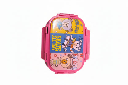 A pink insulated lunch box for kids with a colorful character pattern