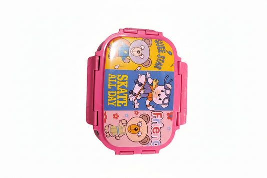 A pink insulated lunch box for kids with a colorful character pattern
